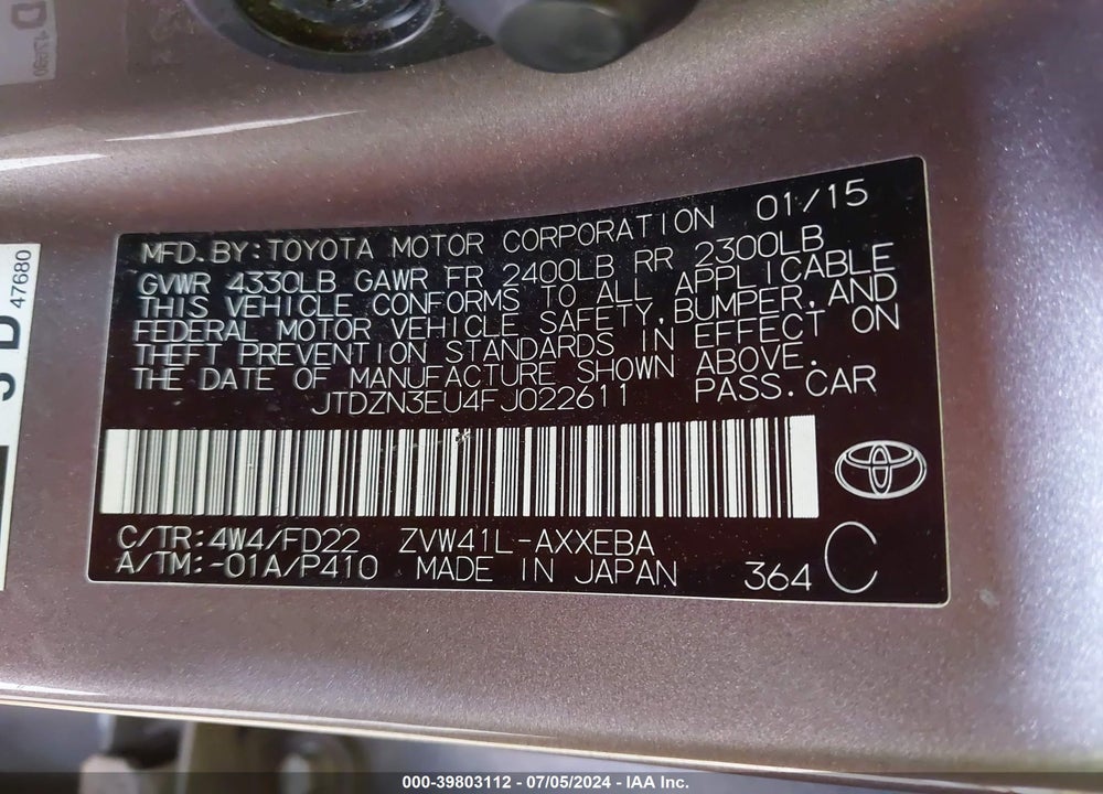 2015 TOYOTA PRIUS V TWO VIN: JTDZN3EU4FJ022611