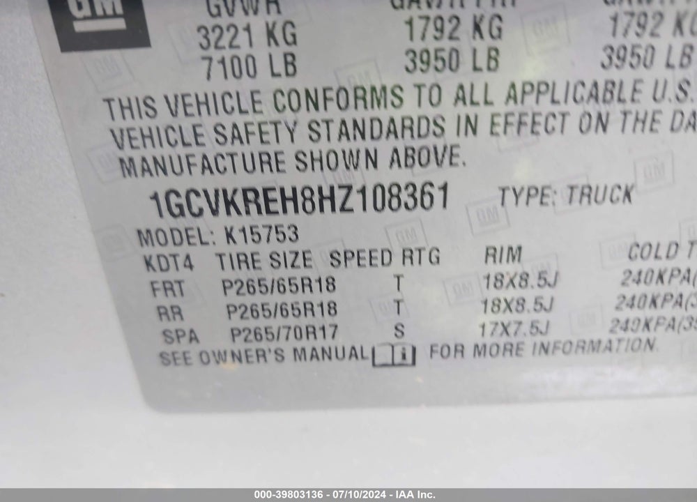 2017 CHEVROLET SILVERADO 1500 2LT VIN: 1GCVKREH8HZ108361