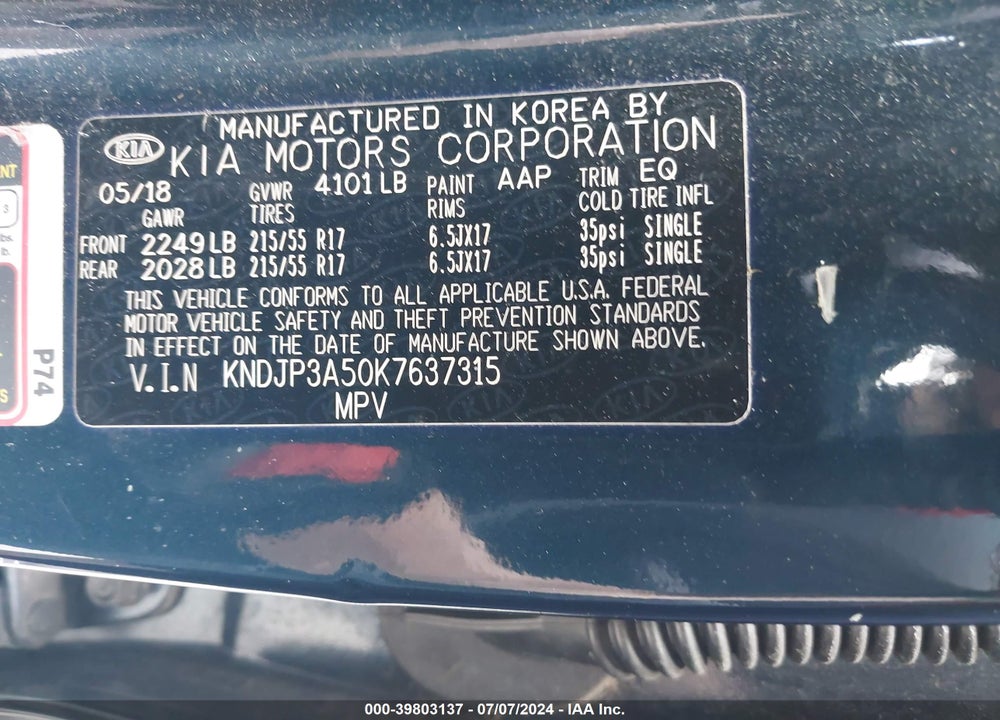 2019 KIA SOUL VIN: KNDJP3A50K7637315