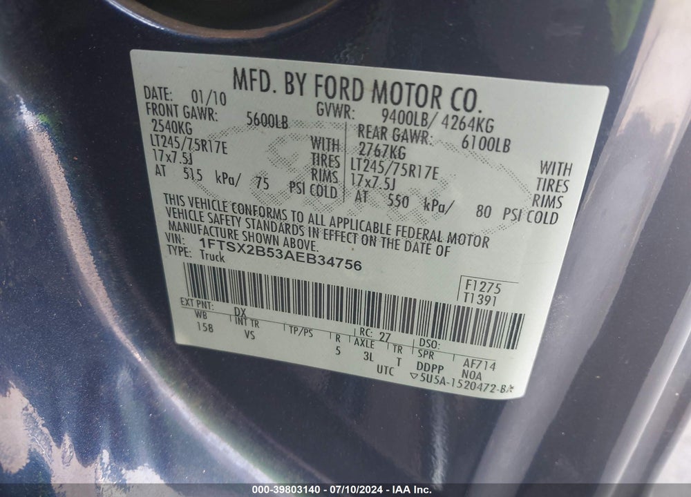2010 FORD F-250 LARIAT/XL/XLT VIN: 1FTSX2B53AEB34756