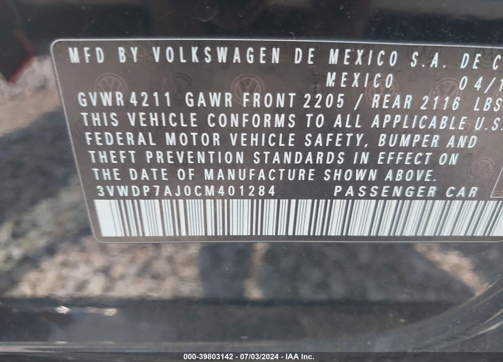2012 VOLKSWAGEN JETTA 2.5L SE VIN: 3VWDP7AJ0CM401284