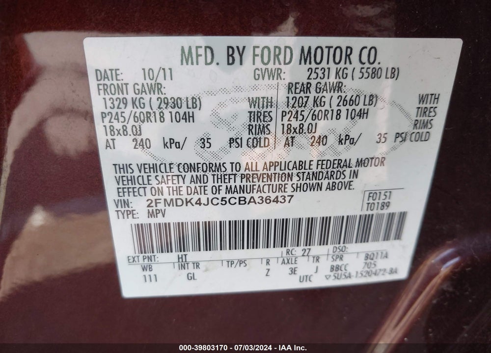 2012 FORD EDGE SEL VIN: 2FMDK4JC5CBA36437