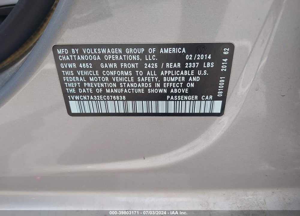 2014 VOLKSWAGEN PASSAT 2.0L TDI SEL PREMIUM VIN: 1VWCN7A32EC076838