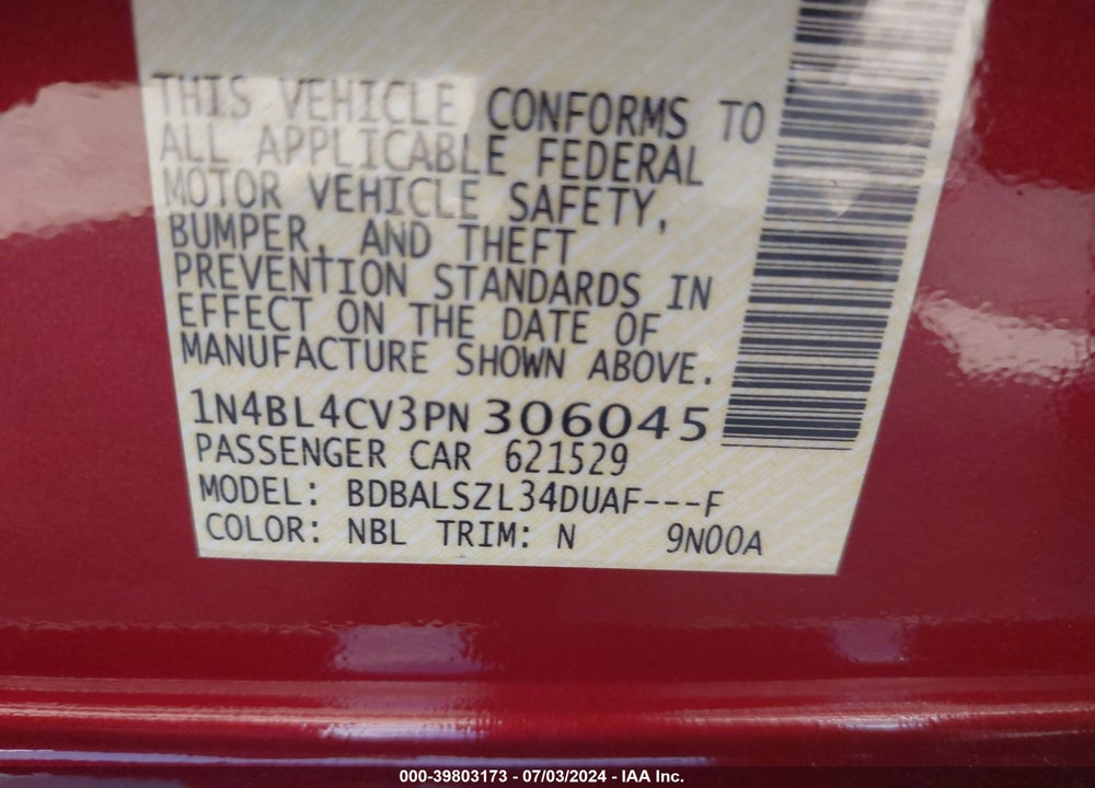 2023 NISSAN ALTIMA SR FWD VIN: 1N4BL4CV3PN306045