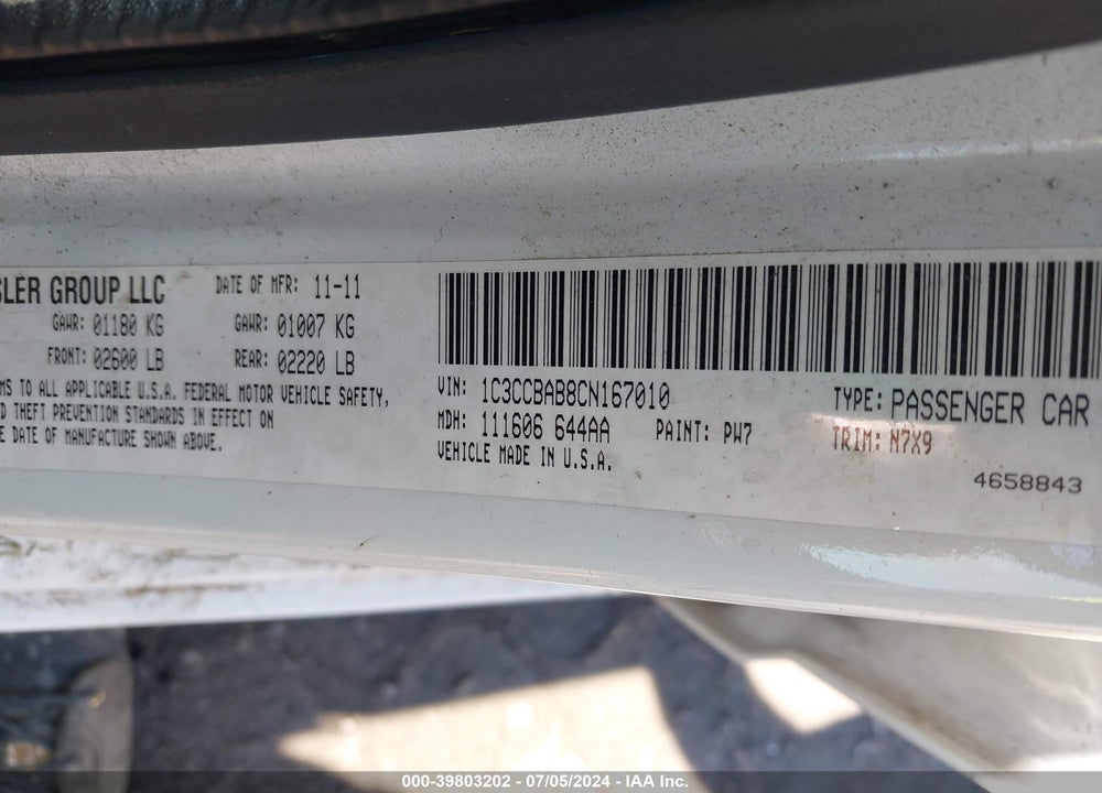2012 CHRYSLER 200 LX VIN: 1C3CCBAB8CN167010