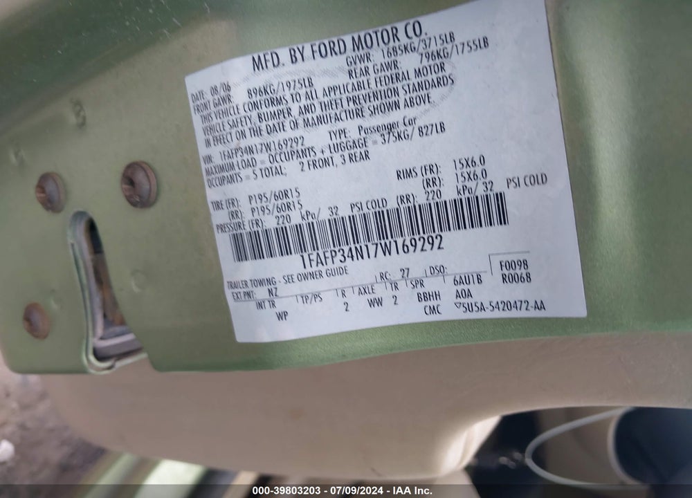 2007 FORD FOCUS S/SE/SES VIN: 1FAFP34N17W169292