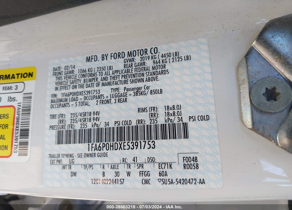 2014 FORD FUSION SE VIN: 1FA6P0HDXE5391753