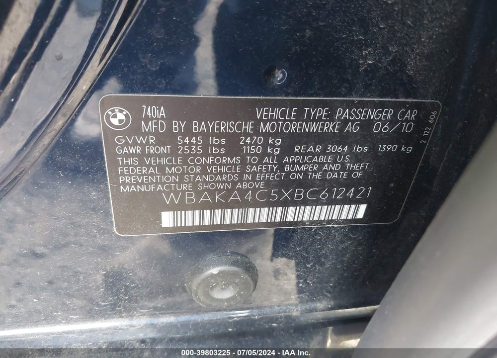 2011 BMW 740I VIN: WBAKA4C5XBC612421