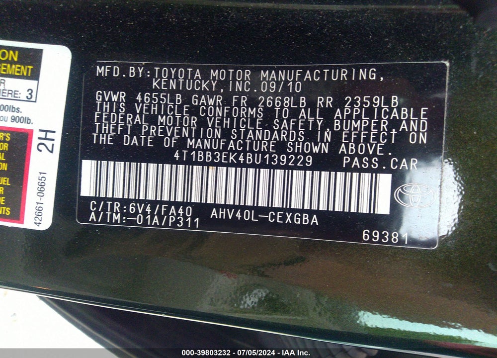 2011 TOYOTA CAMRY HYBRID VIN: 4T1BB3EK4BU139229