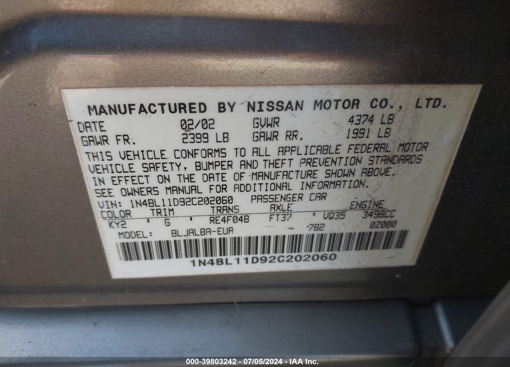 2002 NISSAN ALTIMA 3.5 SE VIN: 1N4BL11D92C202060