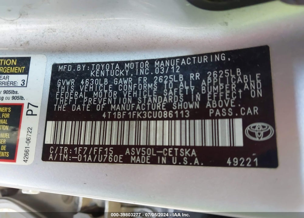 2012 TOYOTA CAMRY SE VIN: 4T1BF1FK3CU086113