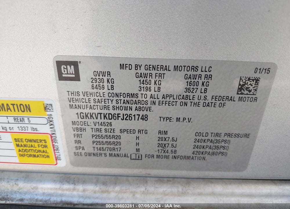 2015 GMC ACADIA DENALI VIN: 1GKKVTKD6FJ261748