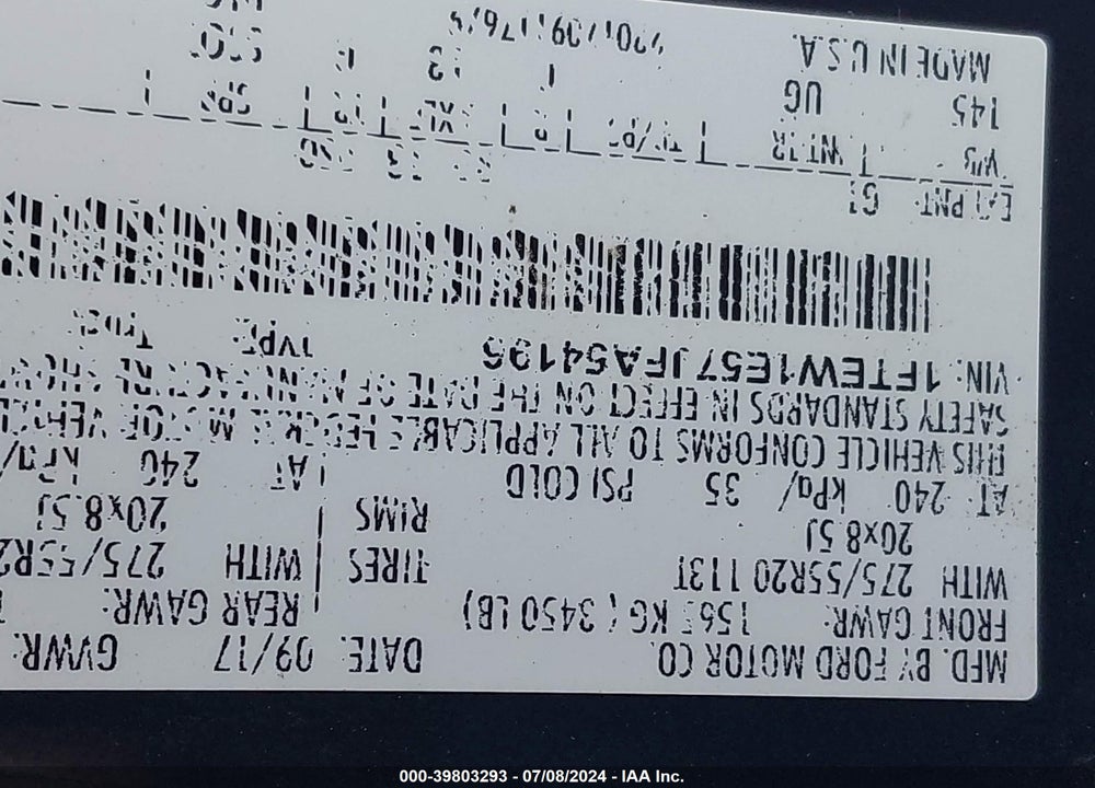 2018 FORD F-150 VIN: 1FTEW1E57JFA54196