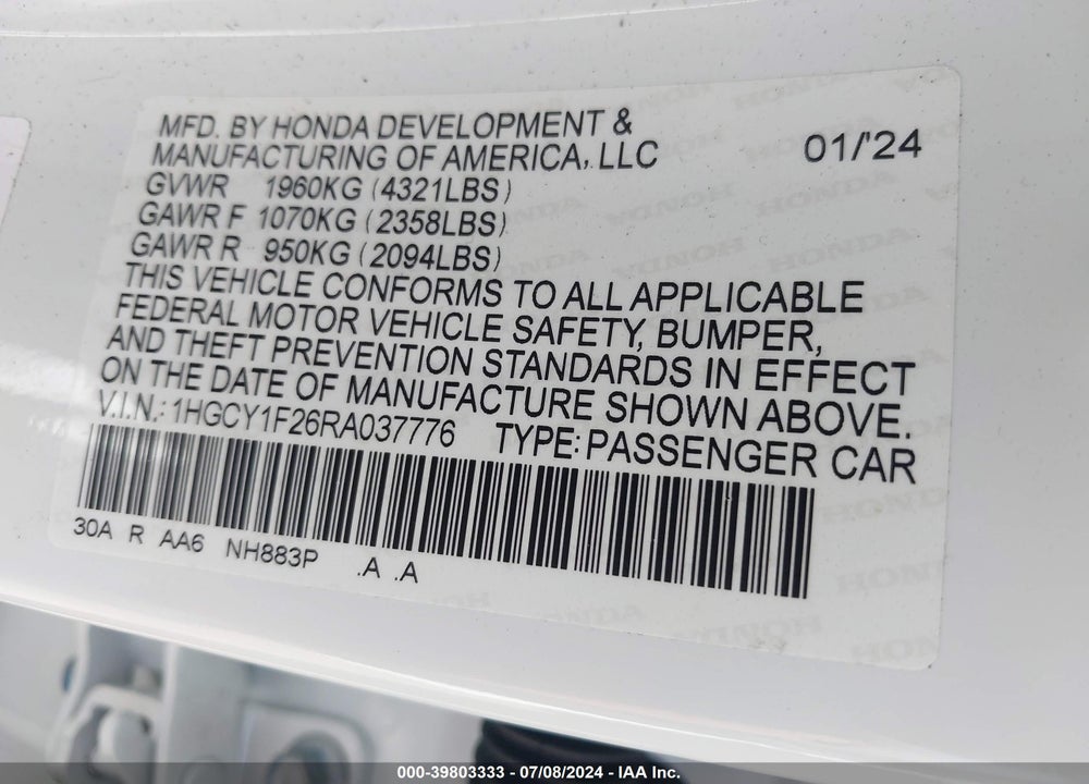 2024 HONDA ACCORD LX VIN: 1HGCY1F26RA037776