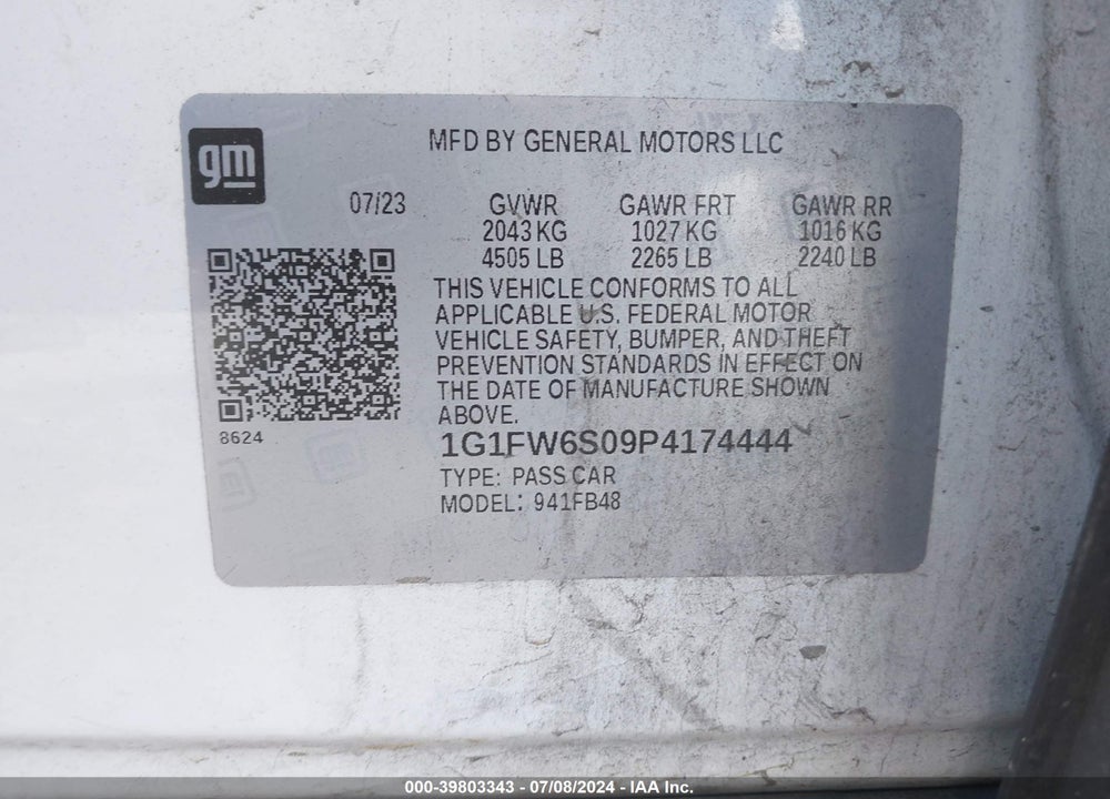 2023 CHEVROLET BOLT EV FWD 1LT VIN: 1G1FW6S09P4174444