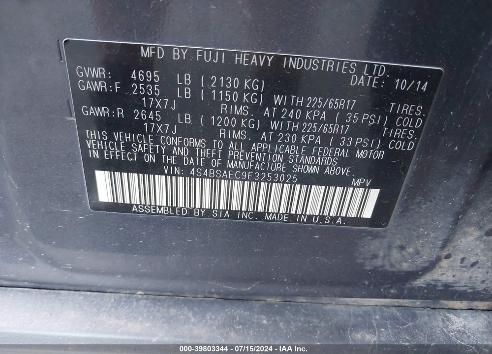 2015 SUBARU OUTBACK 2.5I PREMIUM VIN: 4S4BSAEC9F3253025