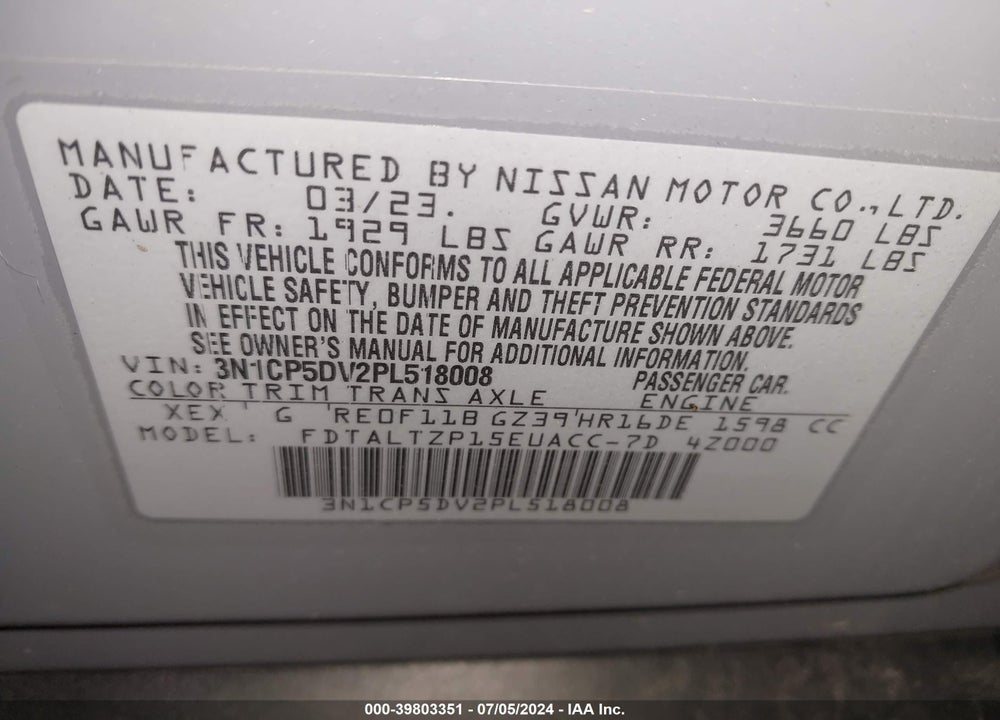 2023 NISSAN KICKS SR XTRONIC CVT VIN: 3N1CP5DV2PL518008