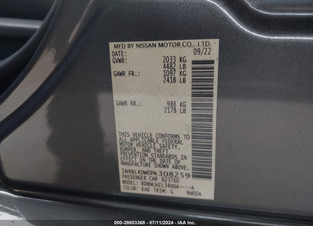 2022 NISSAN ALTIMA SV INTELLIGENT AWD VIN: 1N4BL4DW0PN308259