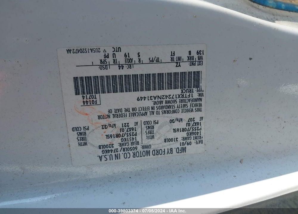2002 FORD F-150 XL/XLT VIN: 1FTRX17242NA31449