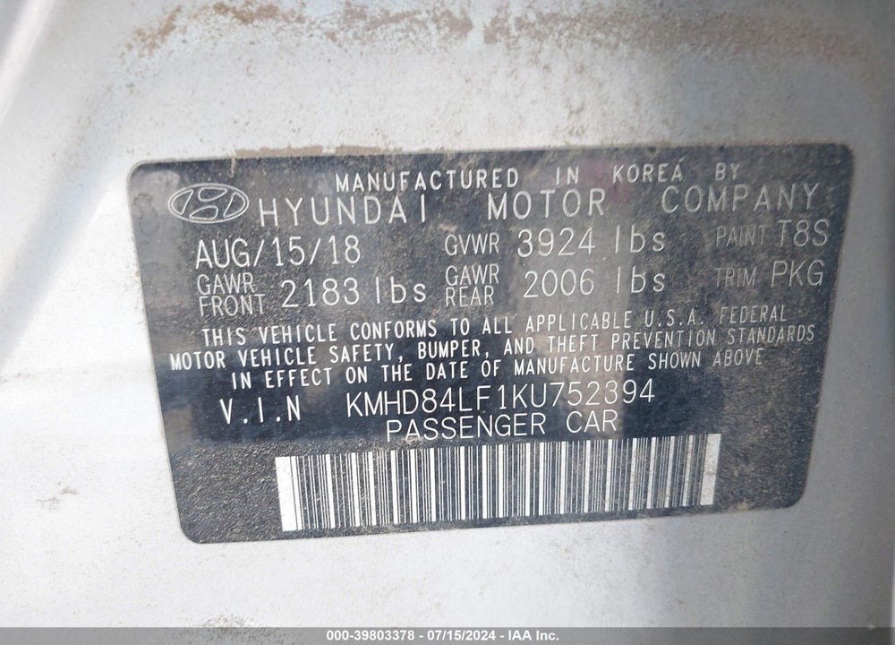 2019 HYUNDAI ELANTRA SEL VIN: KMHD84LF1KU752394