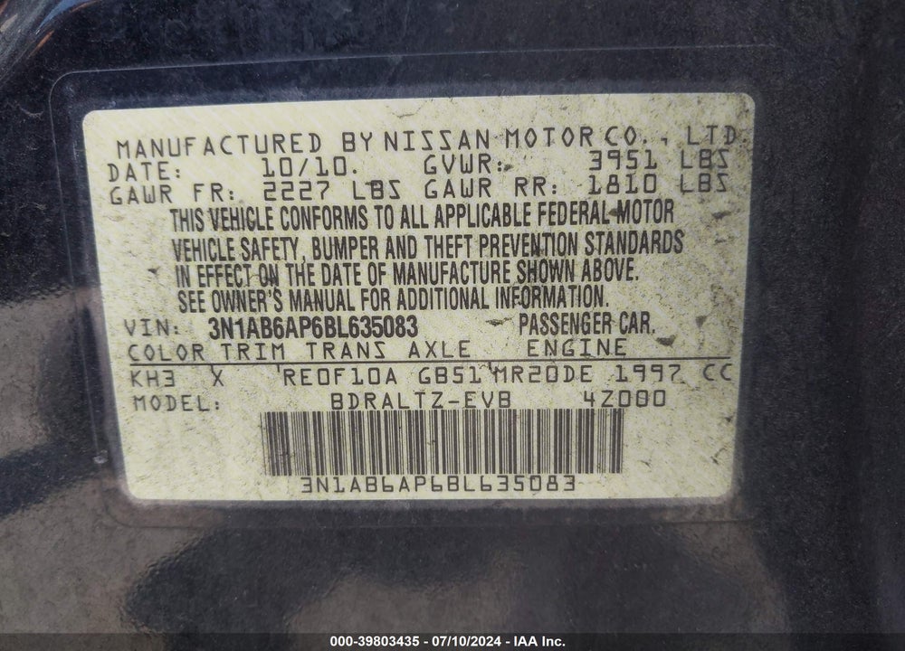 2011 NISSAN SENTRA 2.0SR VIN: 3N1AB6AP6BL635083