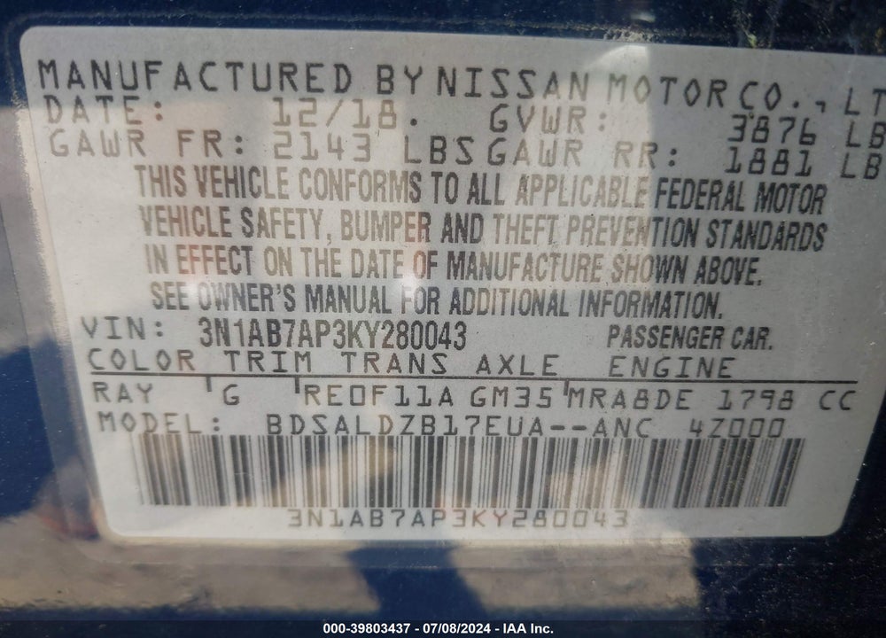 2019 NISSAN SENTRA SV VIN: 3N1AB7AP3KY280043