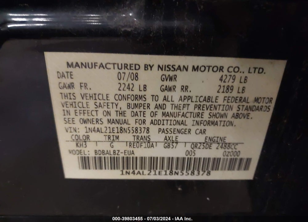 2008 NISSAN ALTIMA 2.5 S VIN: 1N4AL21E18N558378