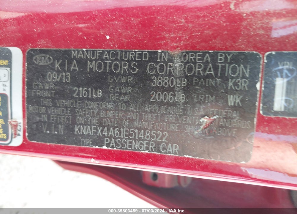 2014 KIA FORTE LX VIN: KNAFX4A61E5148522