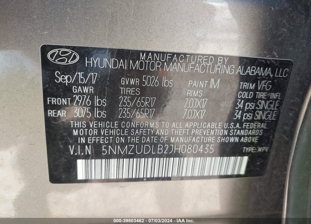 2018 HYUNDAI SANTA FE SPORT 2.4L VIN: 5NMZUDLB2JH080435