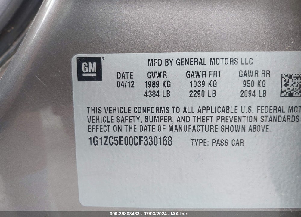 2012 CHEVROLET MALIBU 1LT VIN: 1G1ZC5E00CF330168
