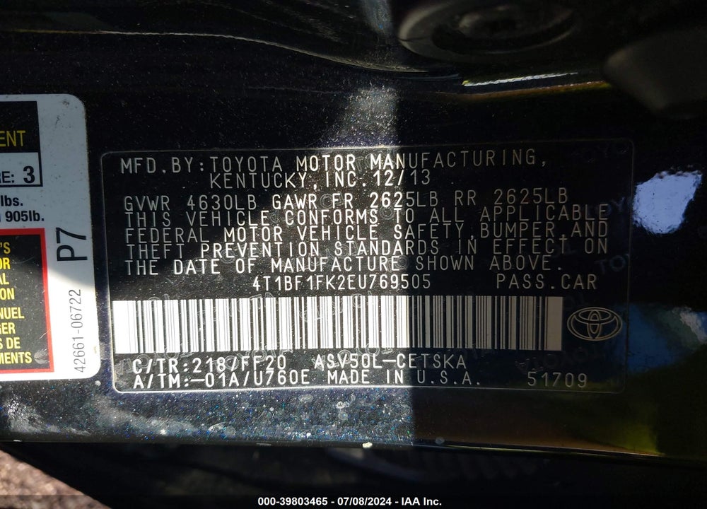 2014 TOYOTA CAMRY SE VIN: 4T1BF1FK2EU769505