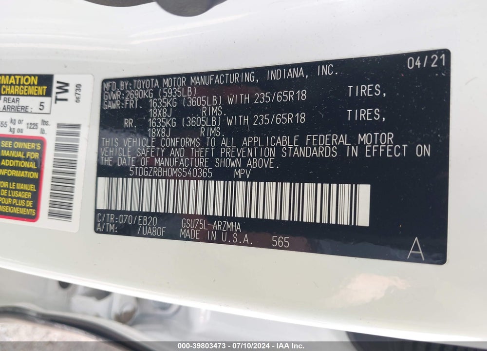 2021 TOYOTA HIGHLANDER XLE VIN: 5TDGZRBH0MS540365