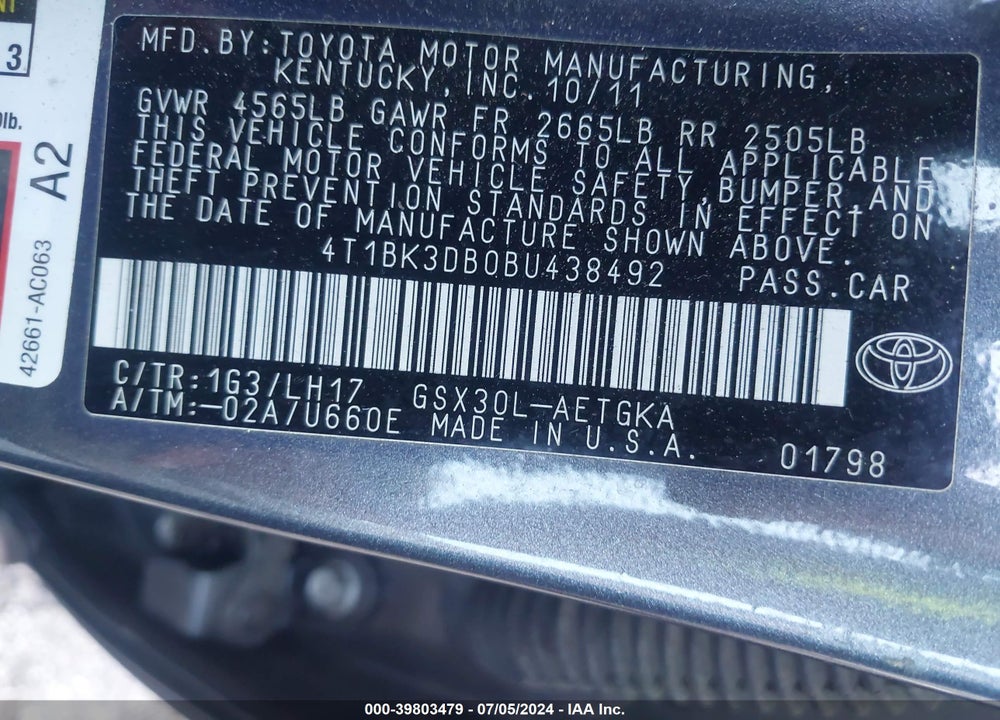 2011 TOYOTA AVALON VIN: 4T1BK3DB0BU438492