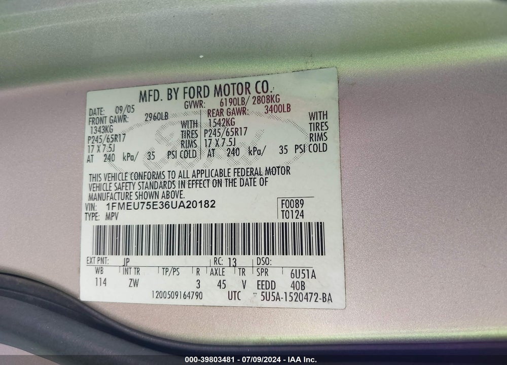 2006 FORD EXPLORER LIMITED VIN: 1FMEU75E36UA20182