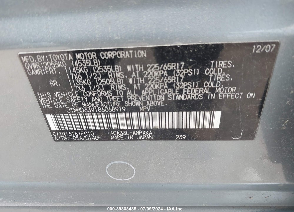 2008 TOYOTA RAV4 VIN: JTMBD33V186068919