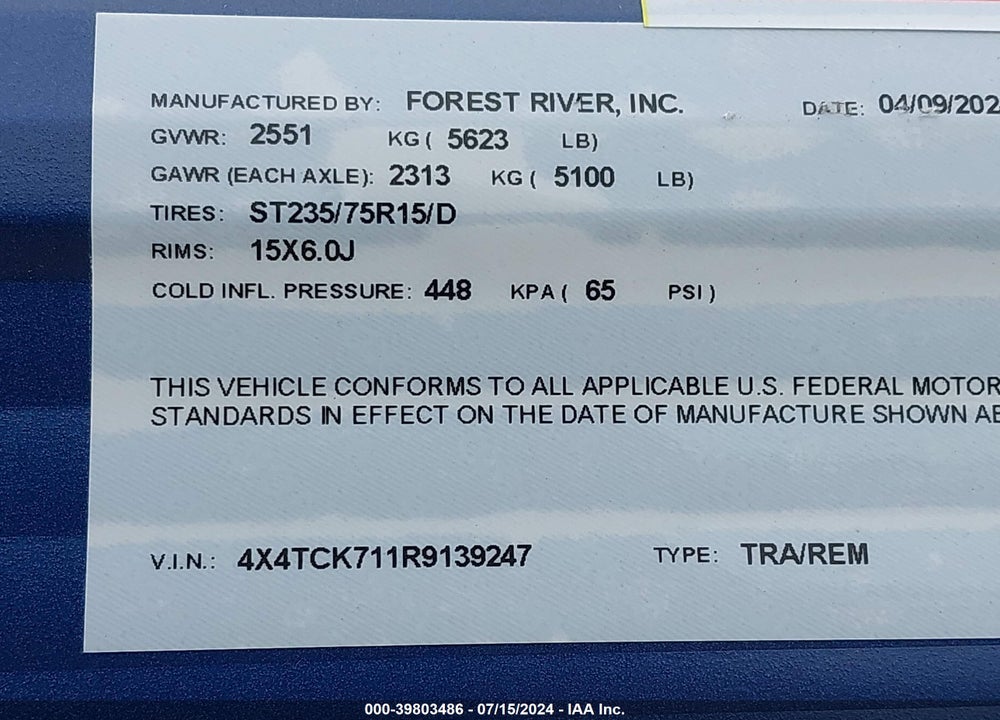 2024 FOREST RIVER OTHER VIN: 4X4TCK711R9139247