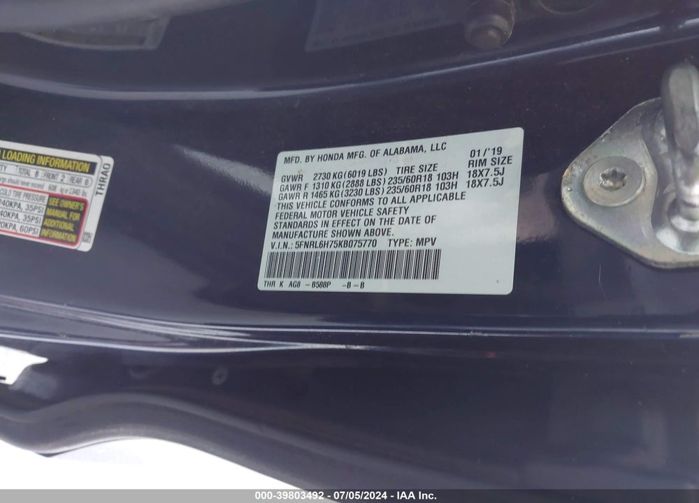 2019 HONDA ODYSSEY EX-L VIN: 5FNRL6H75KB075770