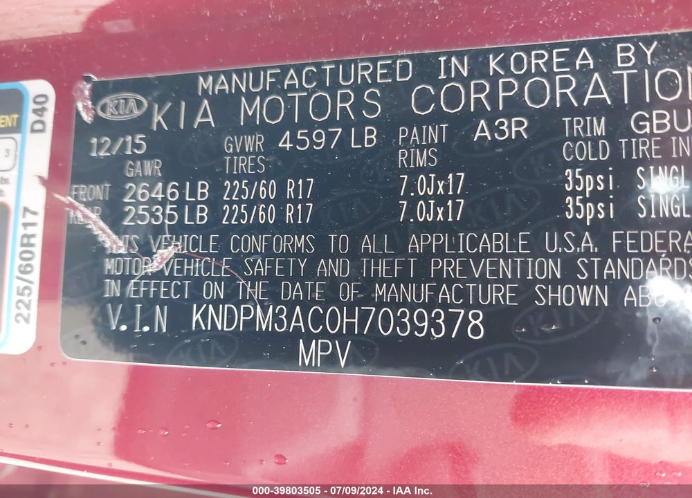 2017 KIA SPORTAGE VIN: KNDPM3AC0H7039378