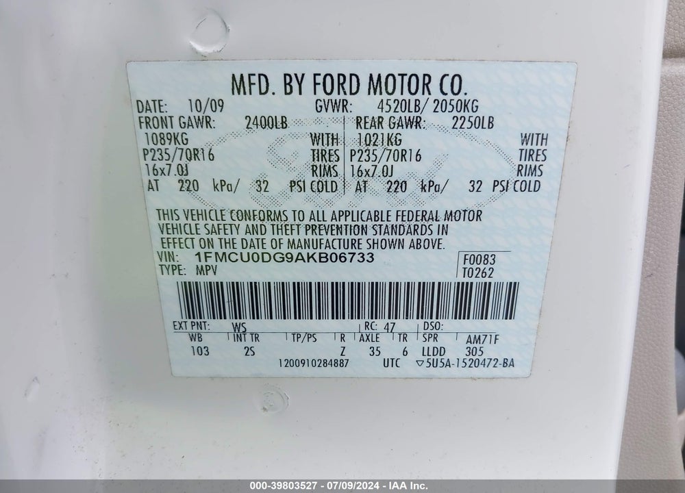 2010 FORD ESCAPE XLT VIN: 1FMCU0DG9AKB06733