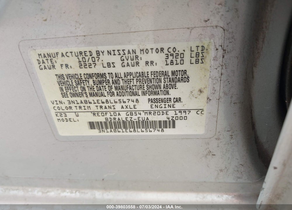 2008 NISSAN SENTRA 2.0 S VIN: 3N1AB61E68L656748