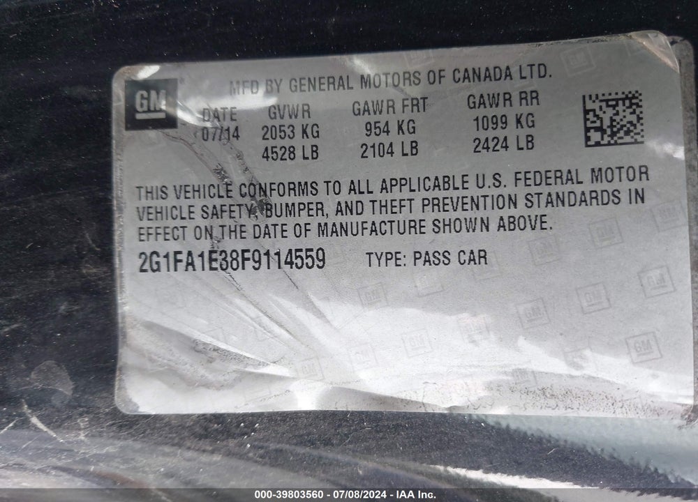 2015 CHEVROLET CAMARO 1LS VIN: 2G1FA1E38F9114559