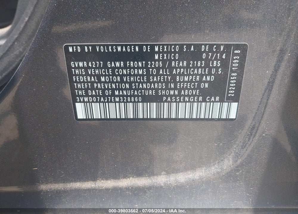 2014 VOLKSWAGEN JETTA 1.8T SE VIN: 3VWD07AJ7EM328860
