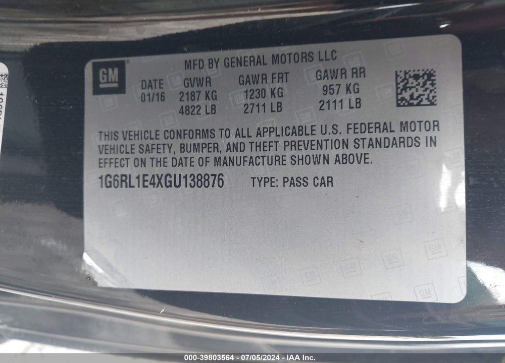 2016 CADILLAC ELR STANDARD VIN: 1G6RL1E4XGU138876