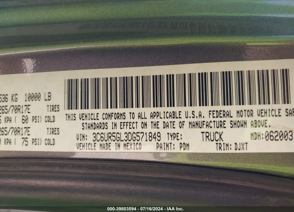 2013 RAM 2500 LAIE LONGHORN VIN: 3C6UR5GL3DG571849