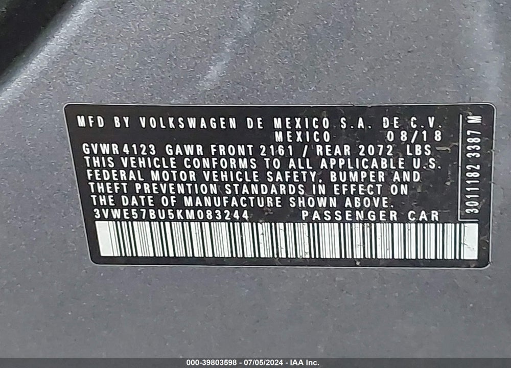 2019 VOLKSWAGEN JETTA 1.4T SEL VIN: 3VWE57BU5KM083244