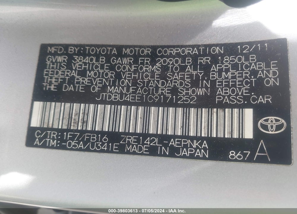 2012 TOYOTA COROLLA LE VIN: JTDBU4EE1C9171252
