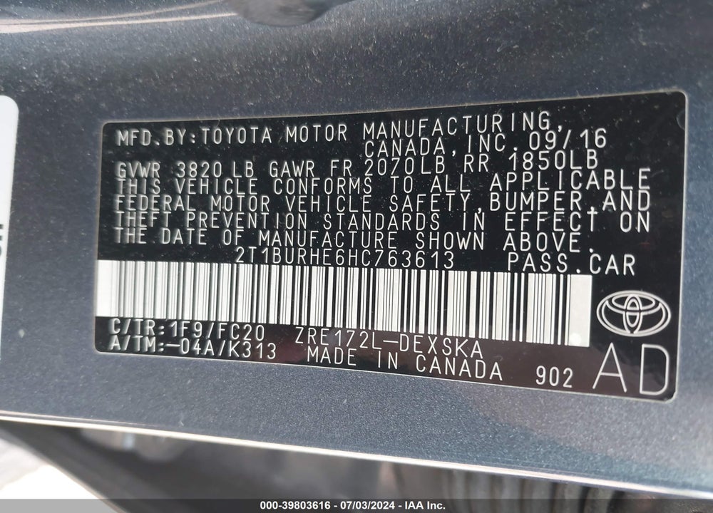 2017 TOYOTA COROLLA SE VIN: 2T1BURHE6HC763613