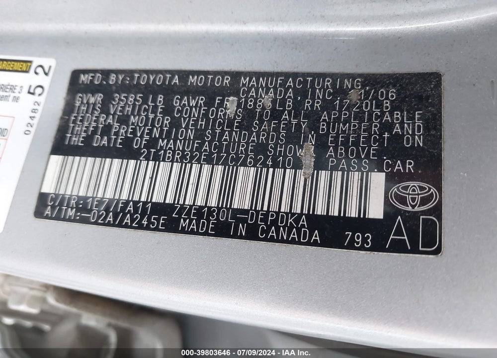 2007 TOYOTA COROLLA CE VIN: 2T1BR32E17C762410