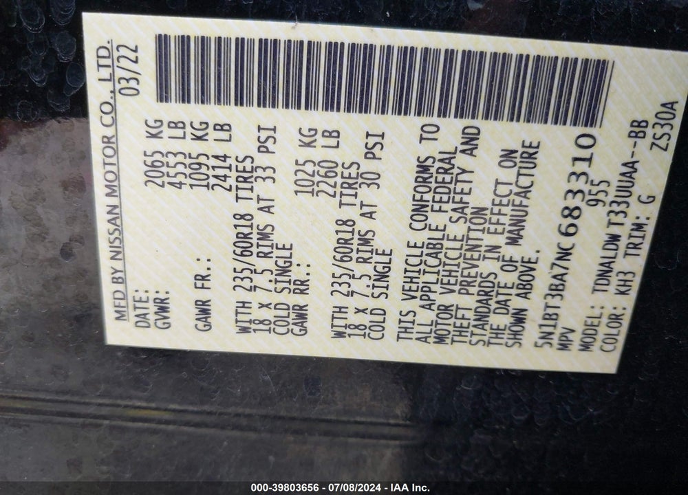 2022 NISSAN ROGUE SV FWD VIN: 5N1BT3BA7NC683310