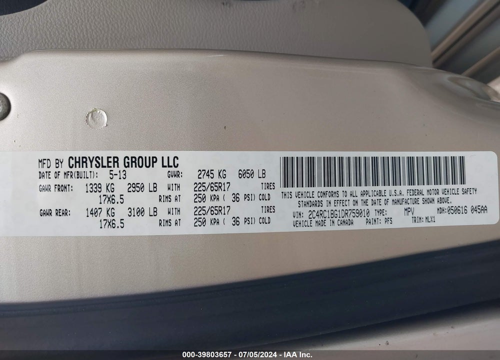 2013 CHRYSLER TOWN & COUNTRY TOURING VIN: 2C4RC1BG1DR759010